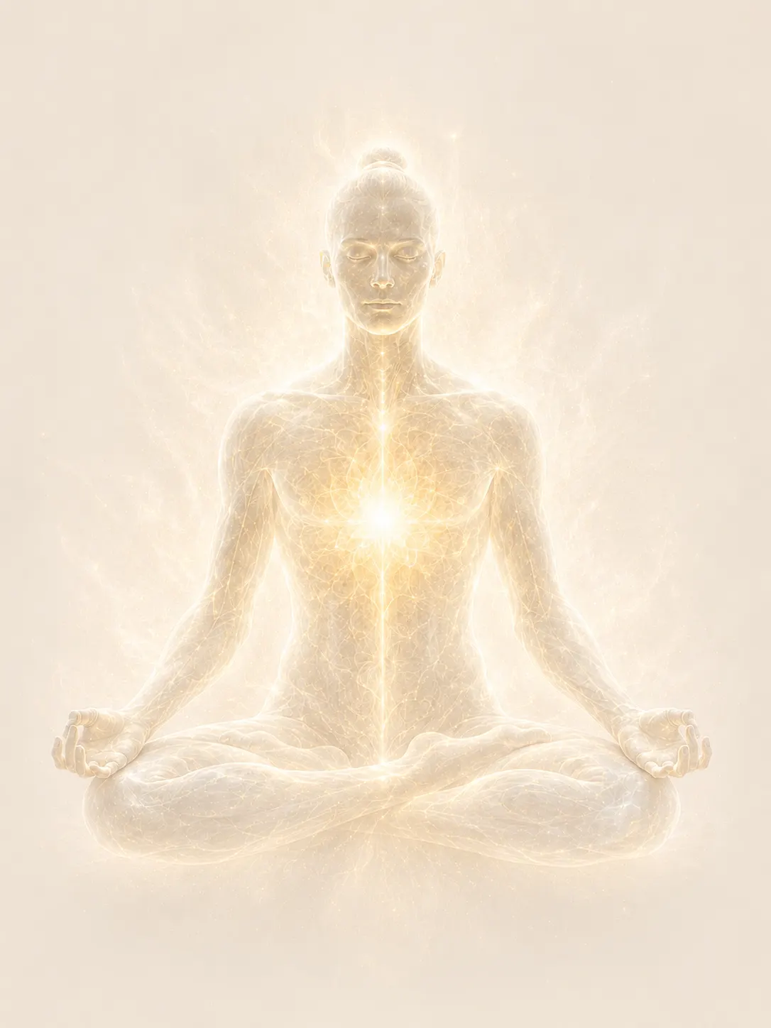 A serene meditating human surrounded by soft cosmic light